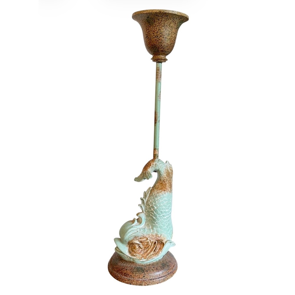 Koi Fish Pedestal Candlestick Holder Green Weathered Finish 16" Coastal Nautical